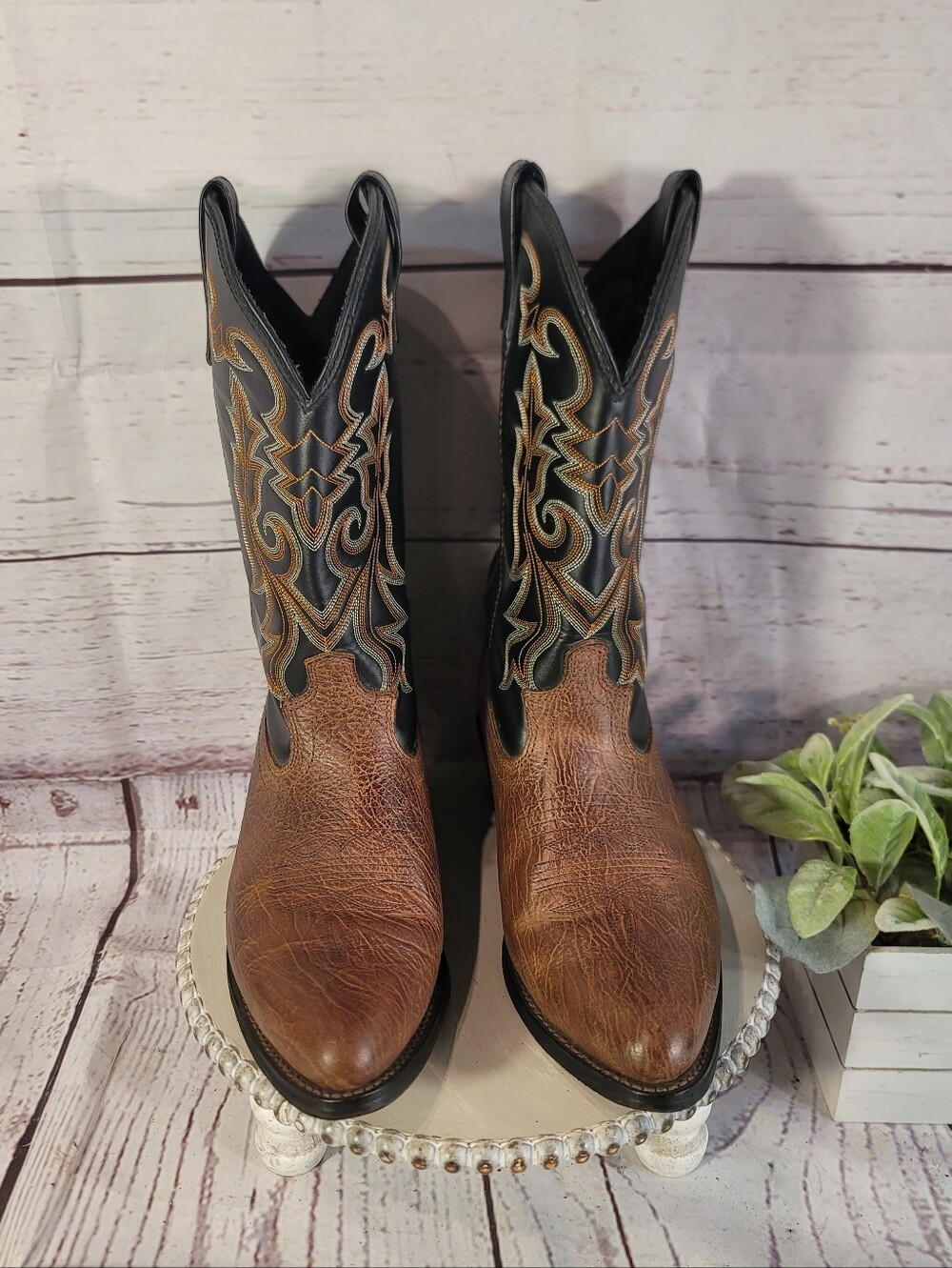 Masterson Boot Co Brown Leather Western Cowboy Boots Black Embroidered Shaft 10D